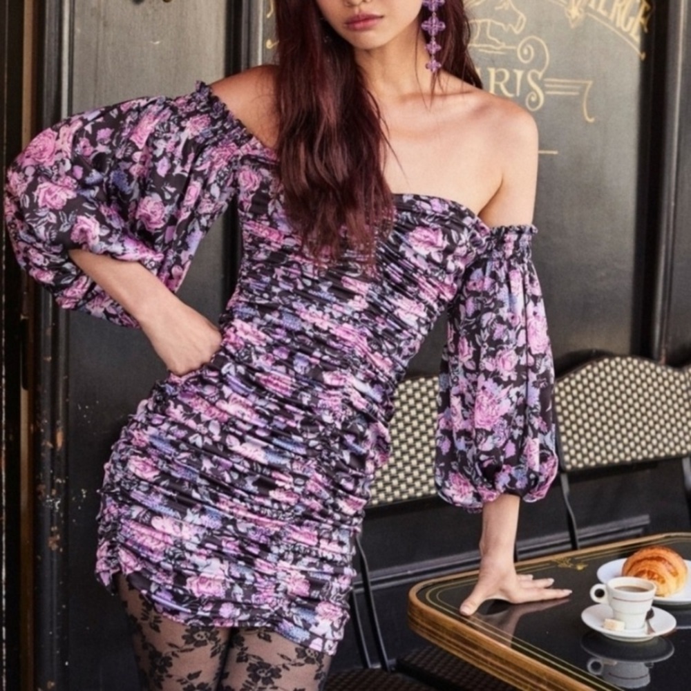 For Love and Lemons Free People Floral Off Shoulder Puff Sleeve Mini Dress XS